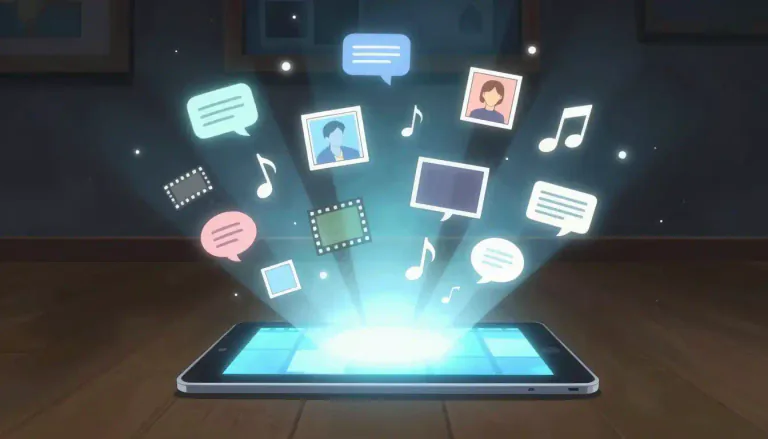 Visual representation of "multimedia" - Multiple types of media combined together, like text, images, audio, and video.