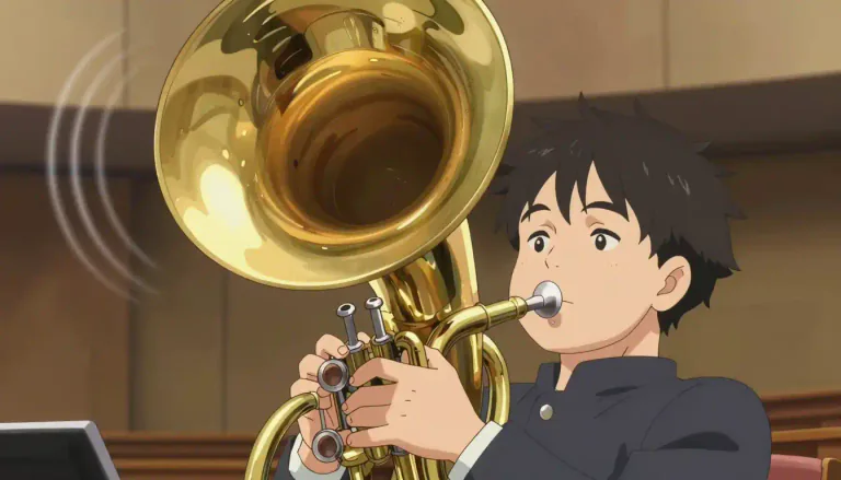 Visual representation of "tuba" - A large brass musical instrument that you play by blowing into it