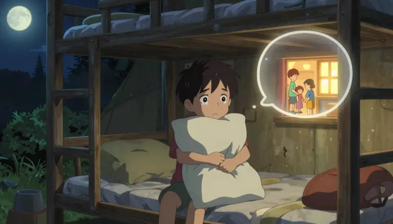 Visual representation of "homesick" - Feeling upset or sad because of being away from home for a long period of time.