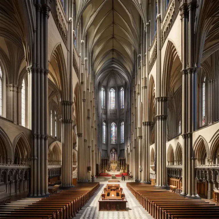 Visual representation of "crossing" - The part of a building, specifically a church, where the nave and transept cross
