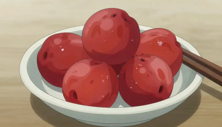 Visual representation of "umeboshi" - A type of Japanese pickled plum that is typically sour and salty, often used in cooking or as a condiment.
