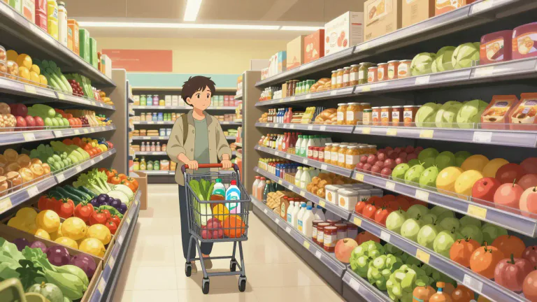 Visual representation of "grocery" - A store where people buy food and other items used in the house