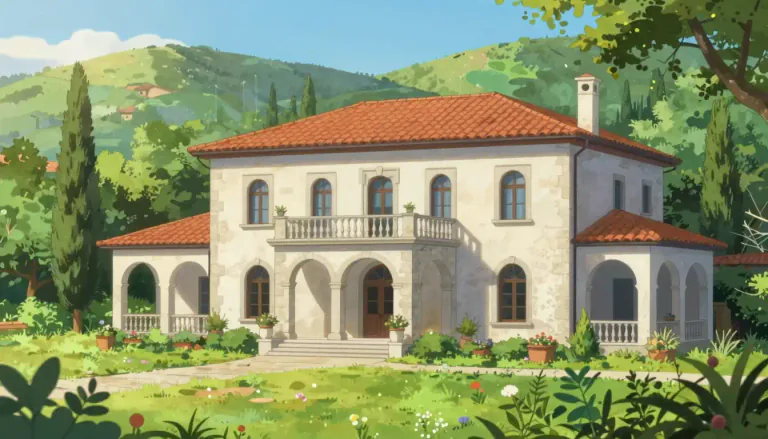 Visual representation of "villa" - A big house in the country or in the suburbs, often used for vacations.
