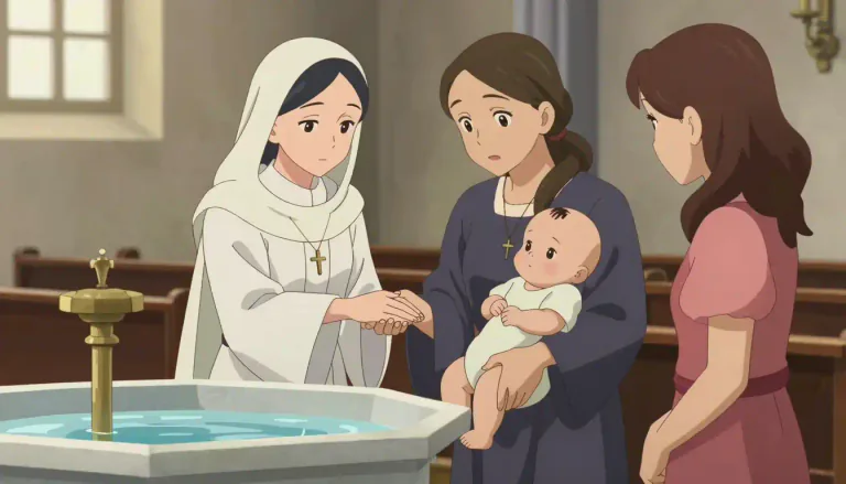Visual representation of "godmother" - A woman who presents a child at baptism and promises to help raise the child in a Christian way