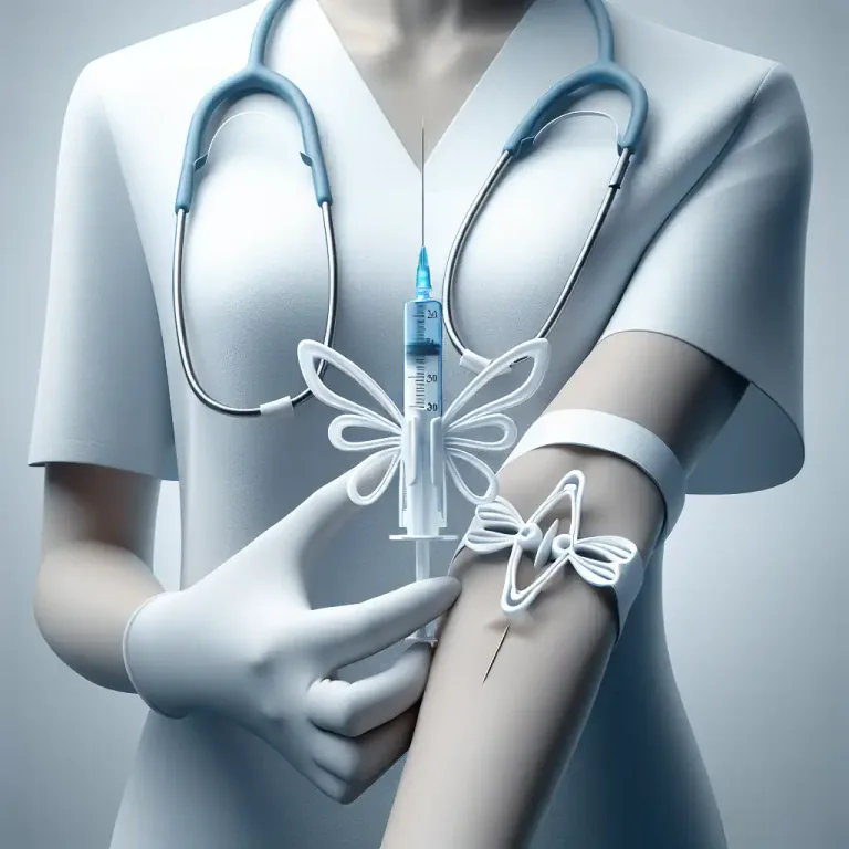 Visual representation of "butterfly" - A type of short needle with two plastic wings used to easily draw blood or administer fluids.
