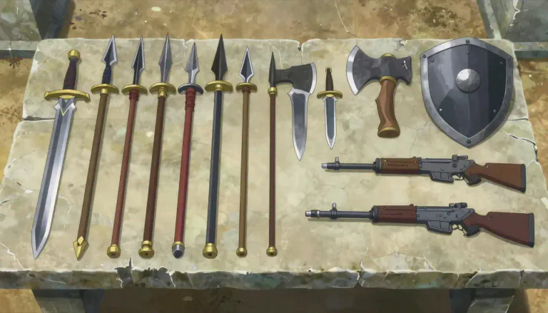Visual representation of "weaponry" - Weapons considered together as a group or collection.