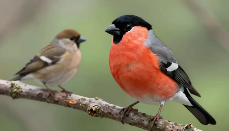 Visual representation of "bullfinch" - A small garden bird, male has red body and black cap and tail, female and youngs are dull brown or gray