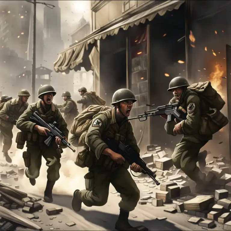 Visual representation of "sortie" - A sudden attack made by troops from a besieged place upon an enemy.