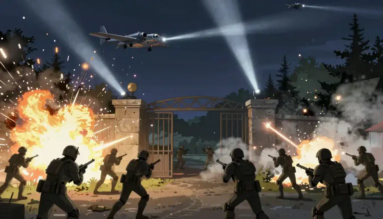 Visual representation of "raid" - A sudden attack on an enemy by troops or aircraft, often for a specific reason.