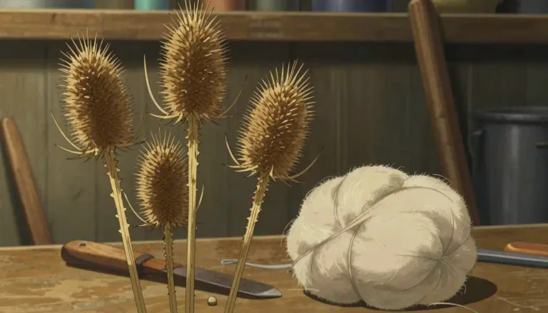 Visual representation of "teasel" - A plant with prickly heads that are dried and used to make wool fluffy.