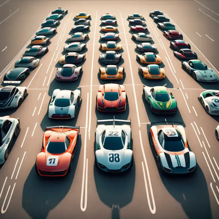 Visual representation of "grid" - The arrangement of starting positions in a motor race.
