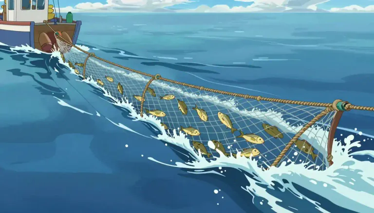 Visual representation of "trawl" - To pull a large net through the water to catch fish.