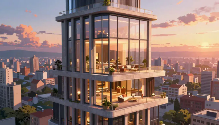 Visual representation of "penthouse" - A luxury, often high-priced, apartment or condominium on the highest floor of a building, usually with a beautiful view.