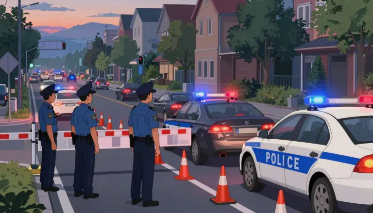 Visual representation of "roadblock" - A barricade set up by law enforcement to stop traffic on a public road