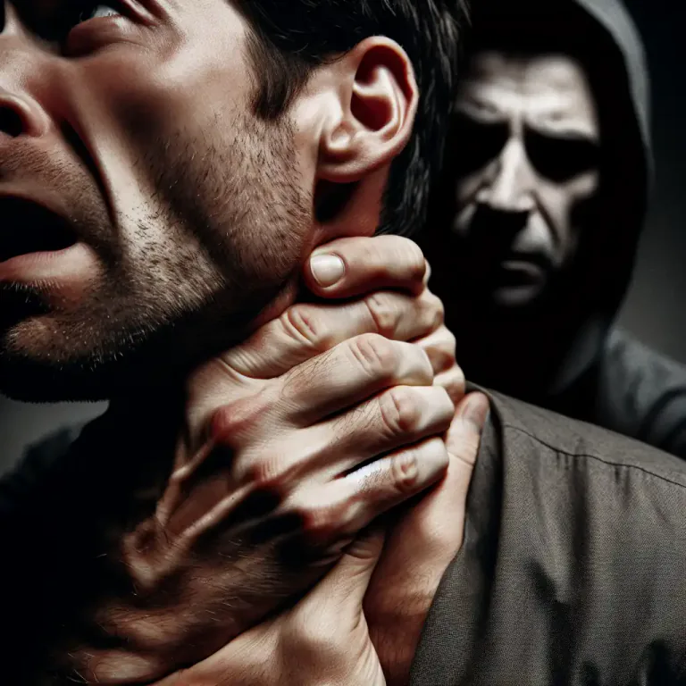 Visual representation of "stranglehold" - A grip around the neck of another person that can cause death
