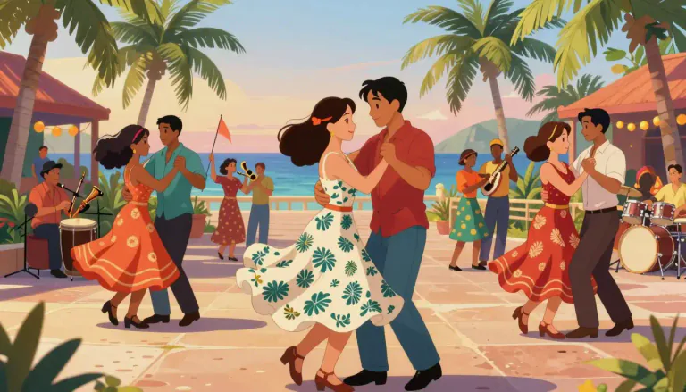 Visual representation of "beguine" - A type of dance music and a dance style that originated in Martinique and Guadeloupe.