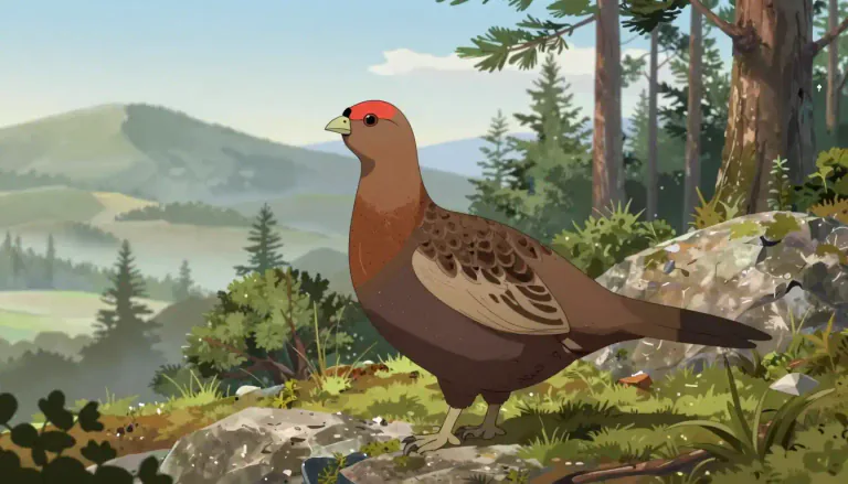 Visual representation of "grouse" - A kind of bird that lives in wooded or hilly areas.