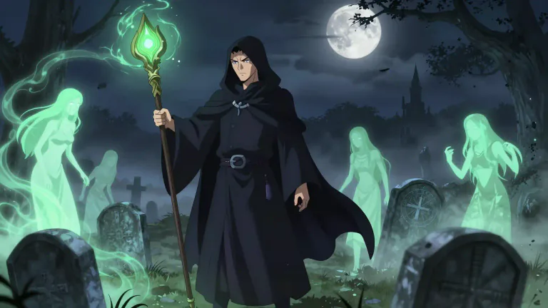 Visual representation of "necromancer" - A person who practices magic involving the dead or the spirit world.