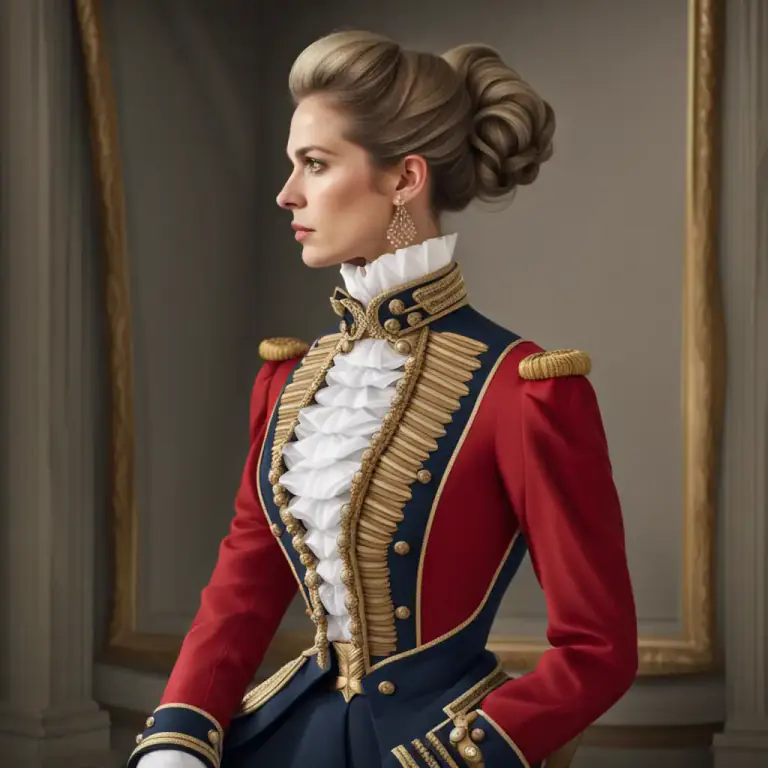 Visual representation of "hussar" - A style of dress in the 19th centuries resembling that of a hussar, especially a jacket with braided trim and a peplum at the back.