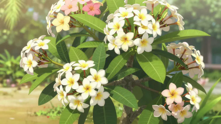 Visual representation of "frangipani" - A small tropical American tree or shrub that has clusters of fragrant white, pink, or yellow flowers.