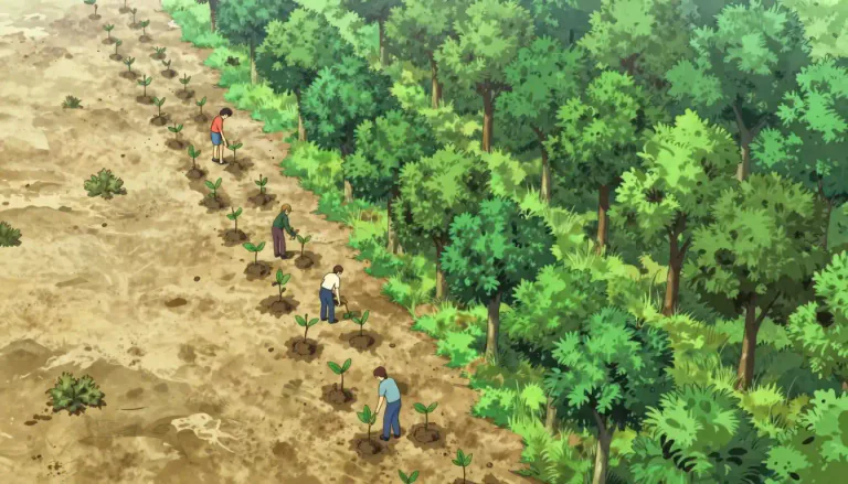 Visual representation of "afforest" - To convert a piece of land into a forest, often to improve the environment.