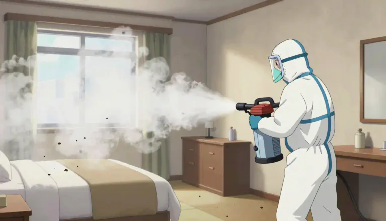 Visual representation of "fumigate" - To clean or disinfect a place by using smoke or gas to kill insects, pests or harmful microorganisms.