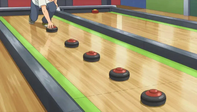 Visual representation of "shuffleboard" - A game in which players slide disks with their hands or a cue on a flat surface trying to get them to land within marked sections for points.