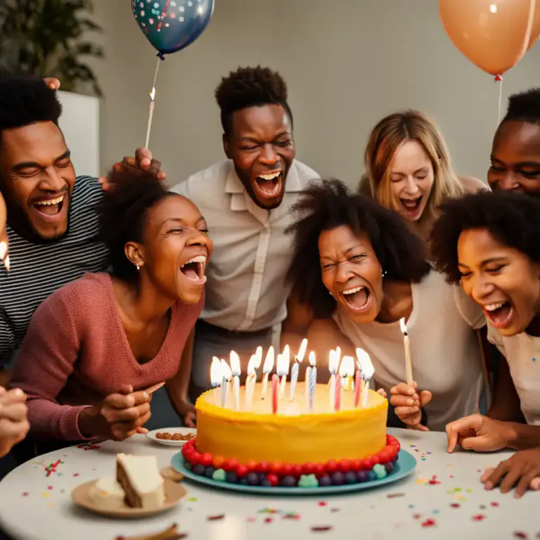 Visual representation of "blow out" - To celebrate a birthday by blowing out the candles on a cake