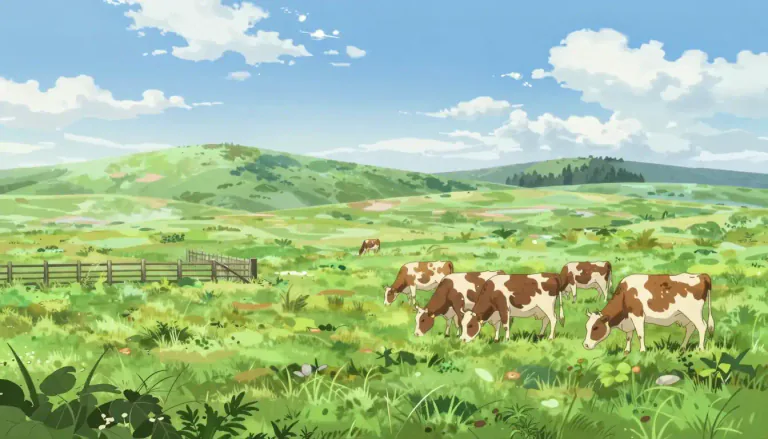 Visual representation of "pasturage" - Land or grass covered field where animals can eat grass