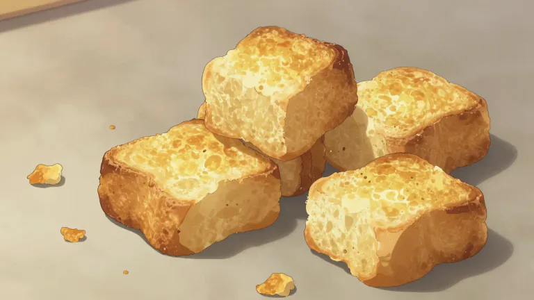 Visual representation of "crouton" - A small piece of bread that is toasted or fried until it becomes crispy.