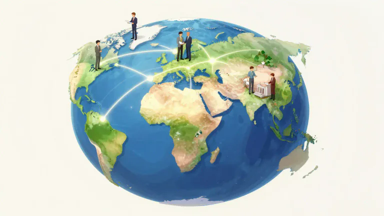 Visual representation of "international" - Relating to or happening between two or more countries.