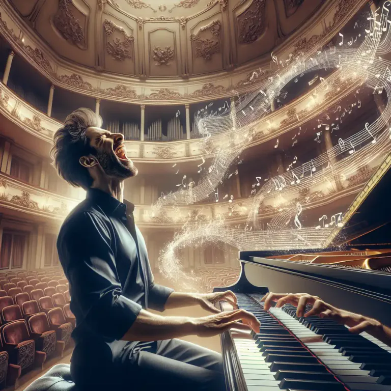 Visual representation of "rhapsodic" - Relating to a rhapsody, a piece of music with free form and often an enthusiastic theme.