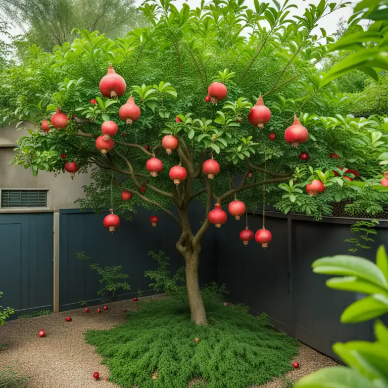 Visual representation of "pomegranate" - A small tree or shrub that produces pomegranate fruit.
