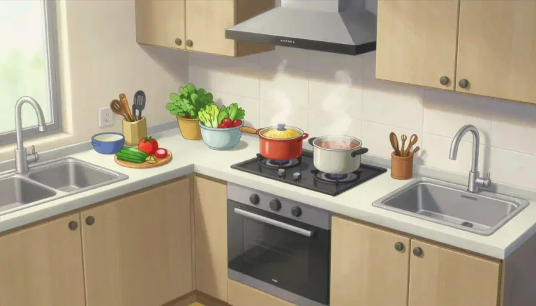 Visual representation of "kitchen" - A room or area where food is prepared and cooked