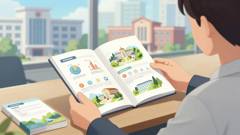 Visual representation of "prospectus" - A printed document that advertises or describes about a school, company, or business to attract people. It usually contains information for investors or potential students.
