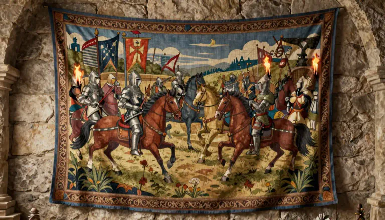 Visual representation of "tapestry" - A piece of fabric, often displaying art or a scene, which is hung on a wall for decoration.