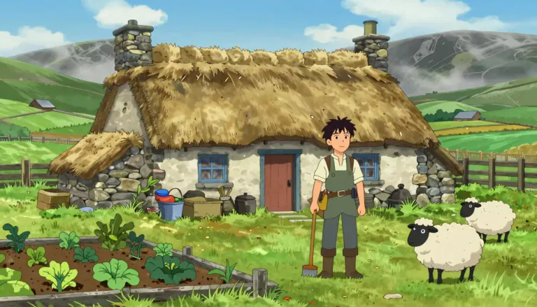 Visual representation of "crofter" - A person living in a croft, mainly in Scotland, who farms the land around a small traditional Scottish house known as a 'croft'.