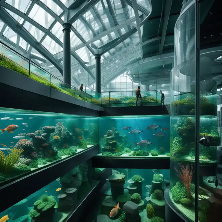 Visual representation of "aquarium" - A building, especially a large glass building, where people can go to see water plants and animals.