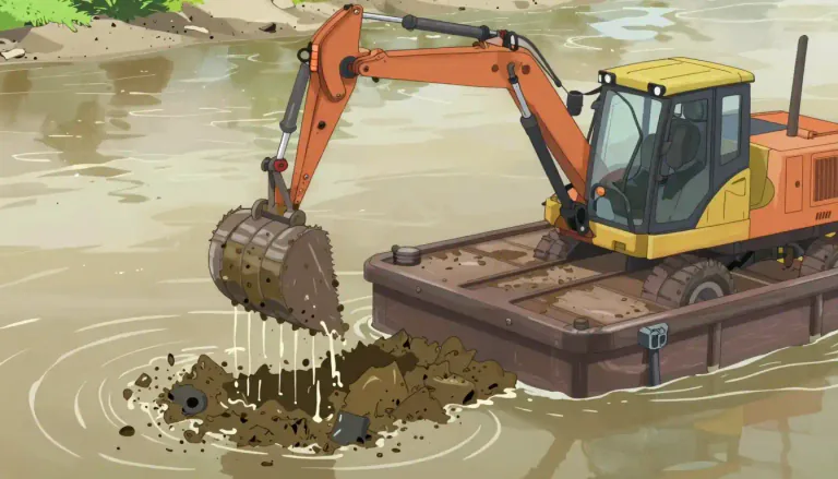 Visual representation of "dredge" - To remove something from the bottom of a body of water using a machine or device