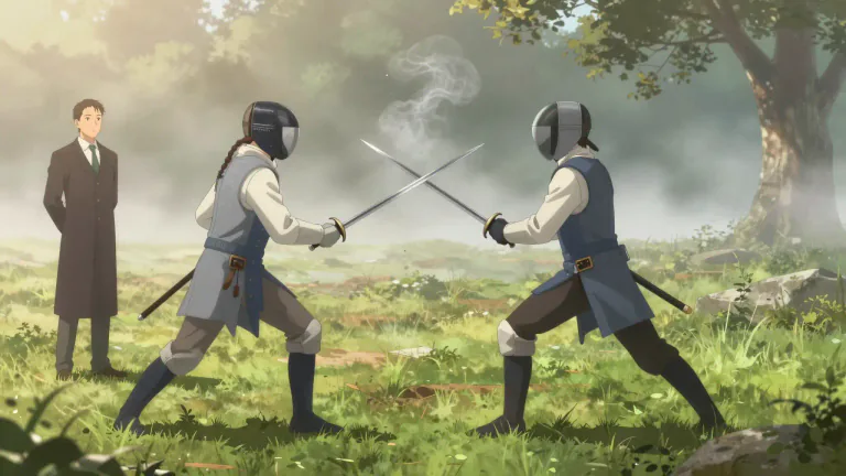 Visual representation of "duel" - A prearranged combat between two persons, fought with deadly weapons