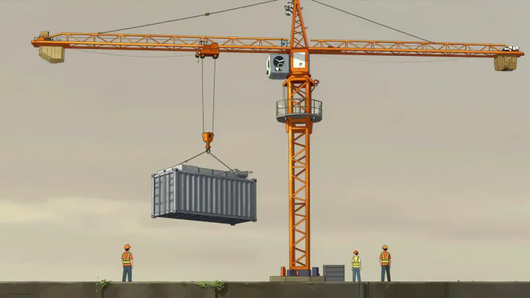 Visual representation of "crane" - A tall machine used for moving heavy objects by suspending them from a beam