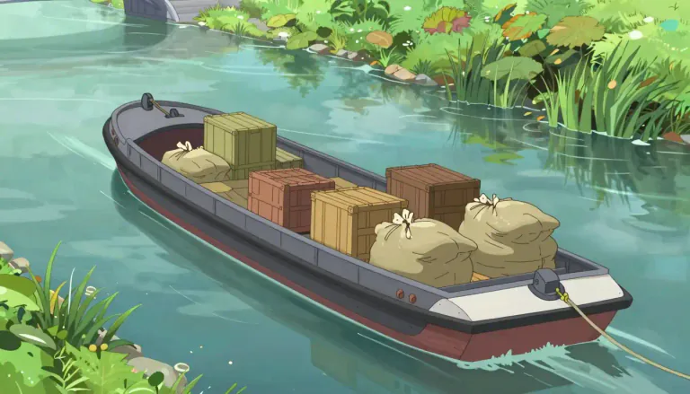 Visual representation of "barge" - A long flat boat for carrying goods on canals and rivers.