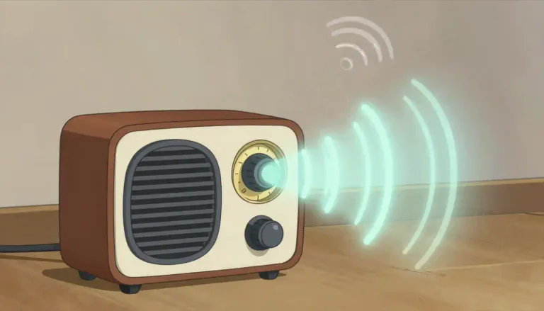 Visual representation of "radio" - A device to listen to music, news, etc, that is broadcasted over long distances.