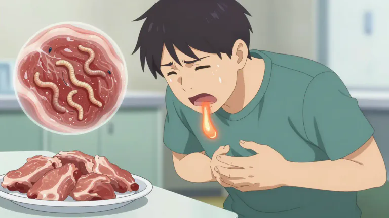 Visual representation of "trichinosis" - A disease caused by eating meat infected with larvae of the Trichinella worm, leading to nausea, diarrhea, fever, and muscle pain.