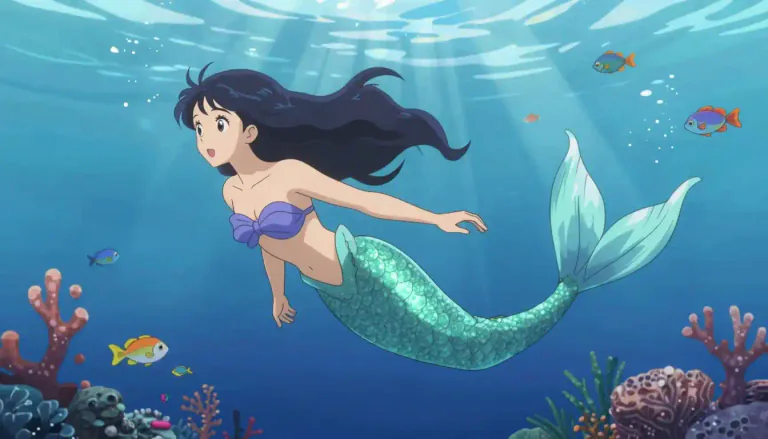 Visual representation of "mermaid" - A mythical creature that has a human's upper body and a fish's tail instead of legs.