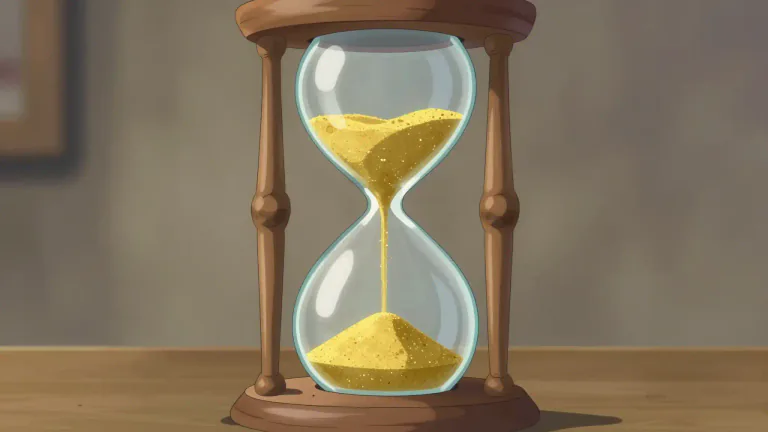 Visual representation of "hourglass" - A device for measuring time, made of two glass compartments linked by a narrow passage, with sand falling through it from the top part to the bottom part in an hour.