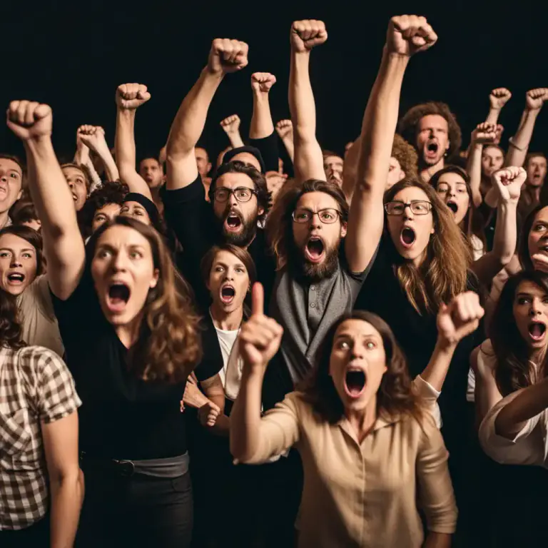 Visual representation of "howl down" - To shout or protest loudly and aggressively to prevent someone from speaking or being heard