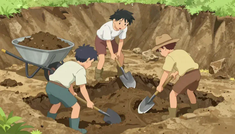 Visual representation of "excavate" - To dig out and remove earth or rock from a specific area
