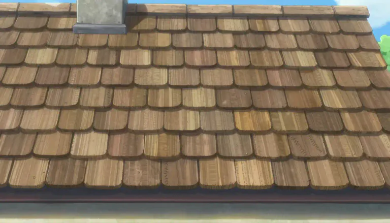 Visual representation of "shingled" - Covered with shingles (thin pieces of wood or other material overlapped).