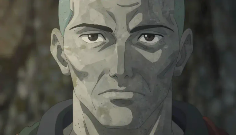 Visual representation of "stonily" - In a way that shows no emotion or movement, as if made of stone.